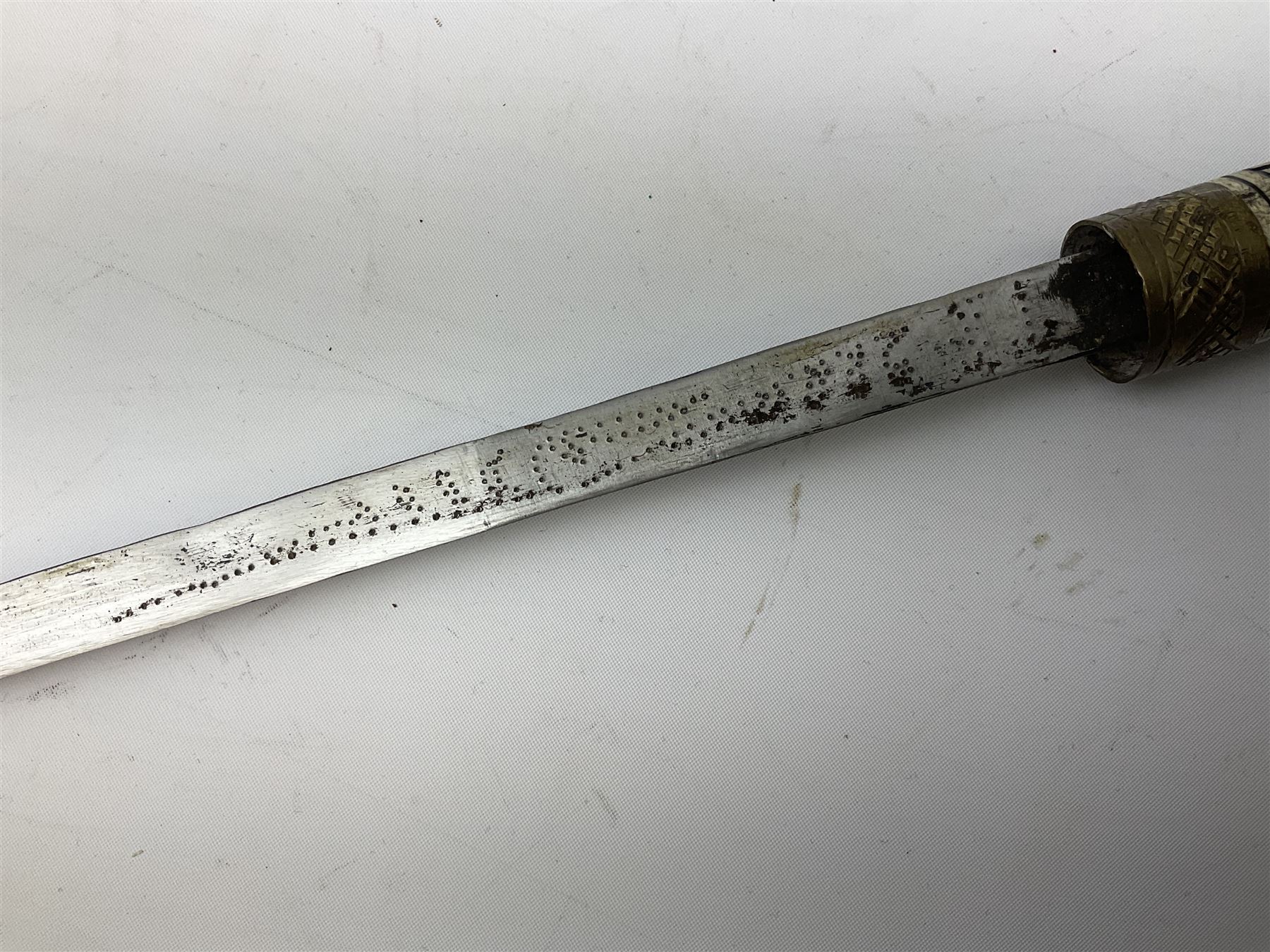 
Late 19th/early 20th century Anglo Indian ebony and bone sword stick with 62cm steel blade, brass locking ferrule and lion mask pommel L92 cm.