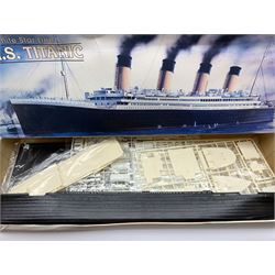 Airfix 1/350th scale model kit of HMS Illustrious, in factory sealed box; Airfix 1/72nd scale model kit of RNLI Severn Class Lifeboat with RAF Westland Sea King Helicopter; and Minicraft Model Kits 1/350th scale model of R.M.S. Titanic; both in factory sealed transparent packaging in boxes (3)