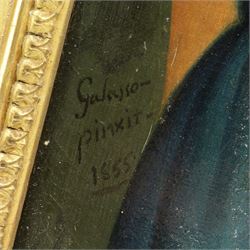 Manner of Ammi Phillips (American 1788-1865): Portrait of Lady in a Blue Dress, oil on canvas bearing inscription 'Galasso Pinxit 1855', 66cm x 50cm
Notes: Phillips was a self-taught artist who was constantly developing his skills as he moved around America, formulating his style to what was popular in an area. For this reason, he did not often sign his work and thus many of his portraits have been misattributed to other artists, particularly due to subtle changes in his technique and his own personal development in portraiture. Various features are instantly recognisable as in the style of Phillips - for instance the framing of the face using stark white collars, often in lace for women. The upright position of the sitter, the muted and dark tones used, and the setting of their dark eyes among round features can all be considered as signature characteristics of a Phillips portrait.