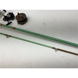 Fishing rod together with  Mitchell Garcia 324 reel and two wooden reels  