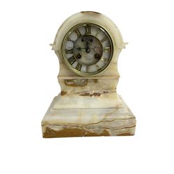 John Bennett of Cheapside London - 19th century 8-day veined alabaster mantle clock, with a French Parisian movement,  two part alabaster dial with gilt Roman numerals, trefoil steel hands and visible Brocot deadbeat escapement, rack striking movement striking the hours and half-hours on a bell. With pendulum and key.