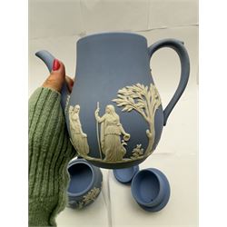 Wedgwood Jasperware tea and coffee wares, comprising teapot, coffee pot, milk jug, covered sucrier, coffee can and saucer and teacup and saucer 