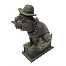 Cast iron money box 'Old Puffer', in the form of a bulldog in a hat, H22cm