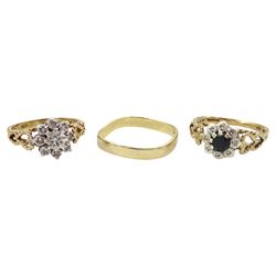 Gold diamond chip flower head cluster ring, one similar stone set ring and a gold wedding ring, all hallmarked 9ct