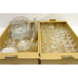  Dartington Crystal vase with box, Edwardian cut glass decanters, 19th/ early 20th century and later drinking glasses, set of four Stuart crystal tumblers, boxed, cut glass drinking glasses, four Well's cut glass sundae dishes, pressed, coloured and other glass in five boxes   