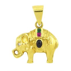 18ct gold sapphire, emerald, ruby and white spinel elephant pendant, stamped 750