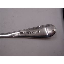 Two sets of six George III silver teaspoons, both with bright cut decoration and engraved initials, the first set hallmarked John Lambe, London 1785 and the second set hallmarked Duncan Urquhart & Naphtali Hart, London 1805