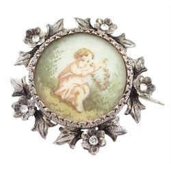 Five 19th century silver portrait brooches, two set with portraits of cherubs and three with women on ivory, three within pierced foliate surrounds. This lot has been registered for sale under Section 10 of the APHA Ivory Act