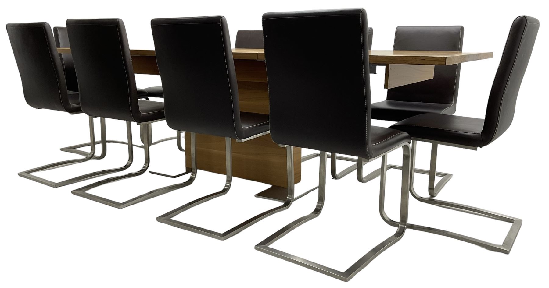 Contemporary walnut extending dining table, rectangular pull-out extending action top with two additional leaves, on rectangular base with burnished metal feet (160cm - 258cm x 100cm, H78cm); together with a set of ten cantilever dining chairs upholstered in stitched brown leather, on burnished metal supports 