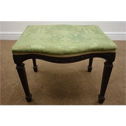  Early 20th Century Hepplewhite style mahogany serpentine stool, upholstered top with rosette and ribbon-tied flower carved frieze and square tapered supports with spade feet, W57cm, D42cm, H46cm  