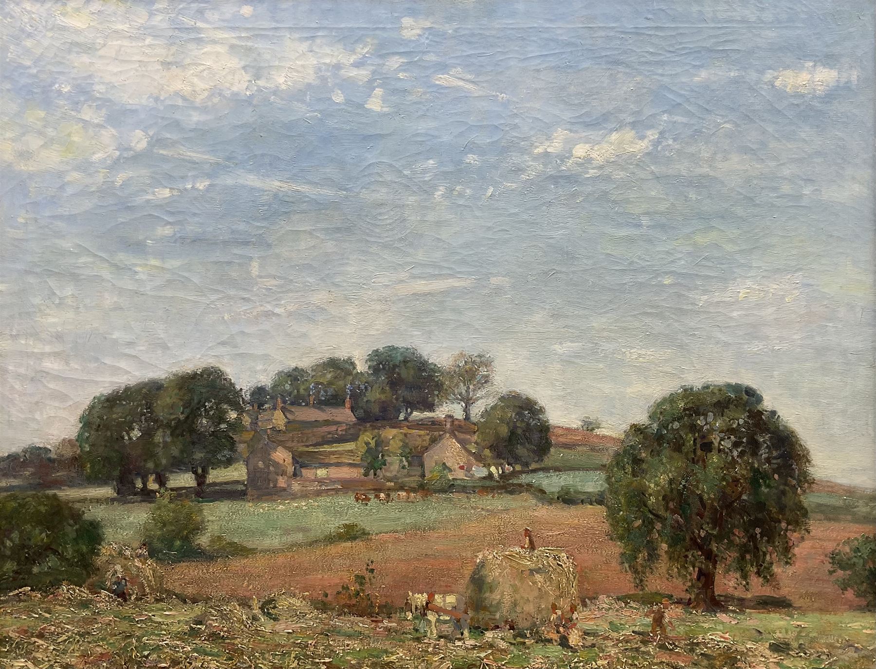 Stanley Royle (British 1888-1961): Harvesting with Cottages Beyond, oil on canvas unsigned 69cm x 90cm