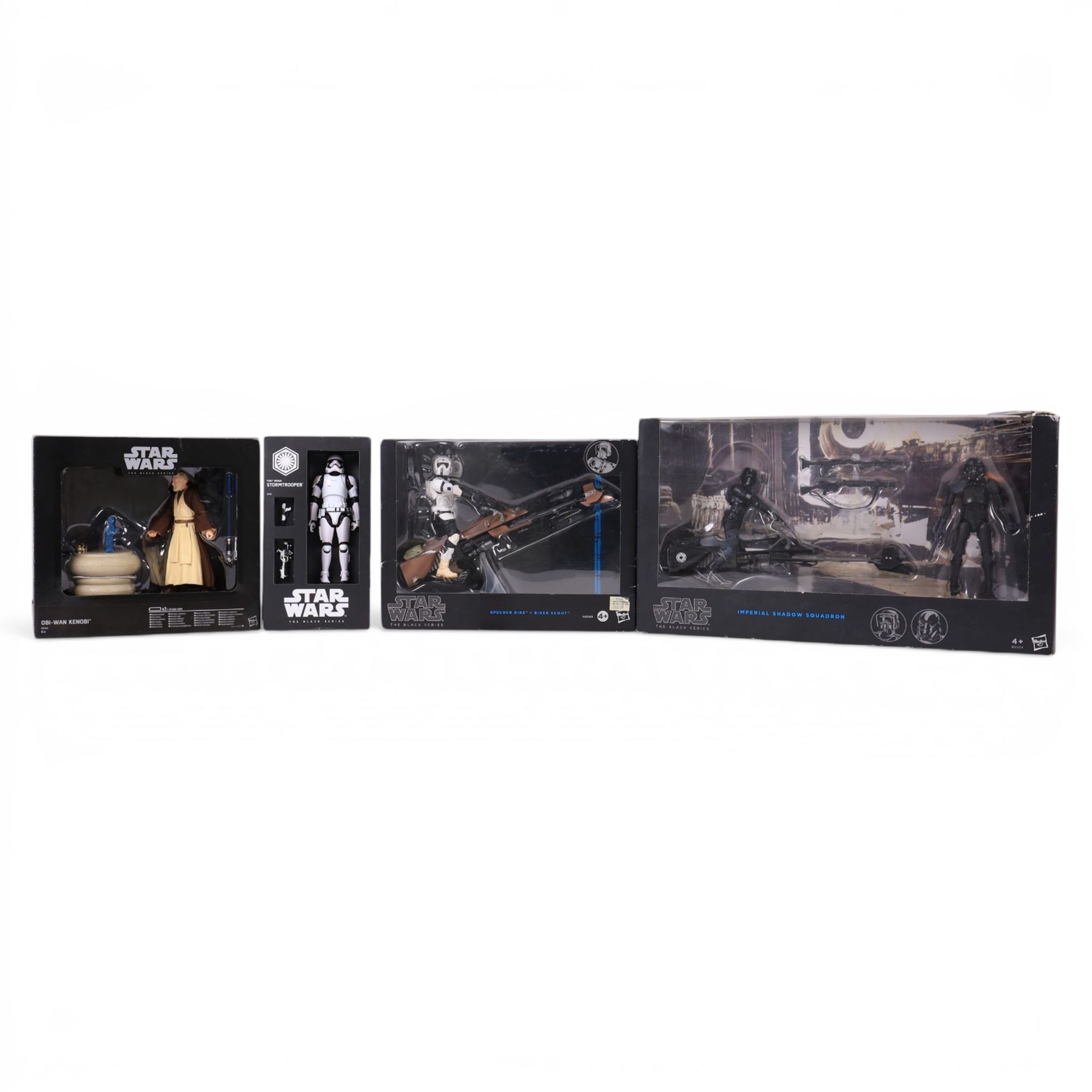 Four Star Wars Black Series figures, comprising Obi Wan Kenobi, First Order Storm Trooper, Speeder Bike Biker Scout and Imperial Shadow Squadron, all boxed