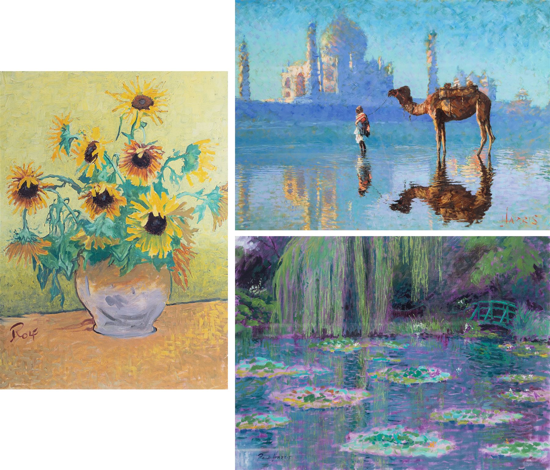 Rolf Harris (Australian 1930-): 'Sunrise - Taj Mahal' 'Rolf on Art - Monet' and 'Rolf on Art - Van Gogh', set of three limited edition giclee prints signed and numbered respectively, largest Sunflowers 66cm x 49cm (3)