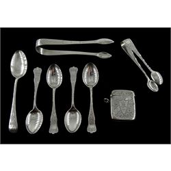 Silver vesta case by Walker & Hall 1902, pair of Georgian silver sugar tongs, one other smaller pair, set of four silver teaspoons and one other, all hallmarked, aprox 5.5oz