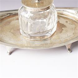 Edwardian silver navette shape inkstand with silver mounted glass inkwell, presentation inscription and splay feet L20cm Sheffield 1904 Maker Atkin Bros
