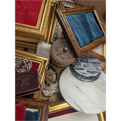 Brass easels, onyx box, frames, costume jewellery, pen nibs, etc, in two boxes
