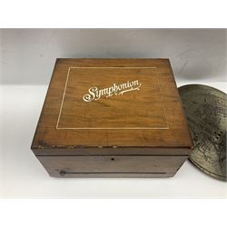 Late 19th century Symphonion disc musical box for spares or repair, inlaid walnut case with front lever action, playing 25.5cm discs on a 10.5cm steel comb with forty-nine teeth, musical scene of cherubs under the lid, L33cm; together with twelve 25.5cm discs