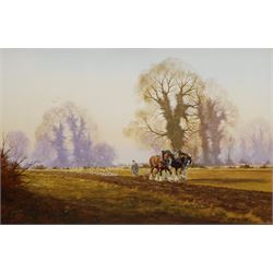 Arthur Lokie (British 1948-): Ploughing Team, oil on canvas signed 50cm x 75cm