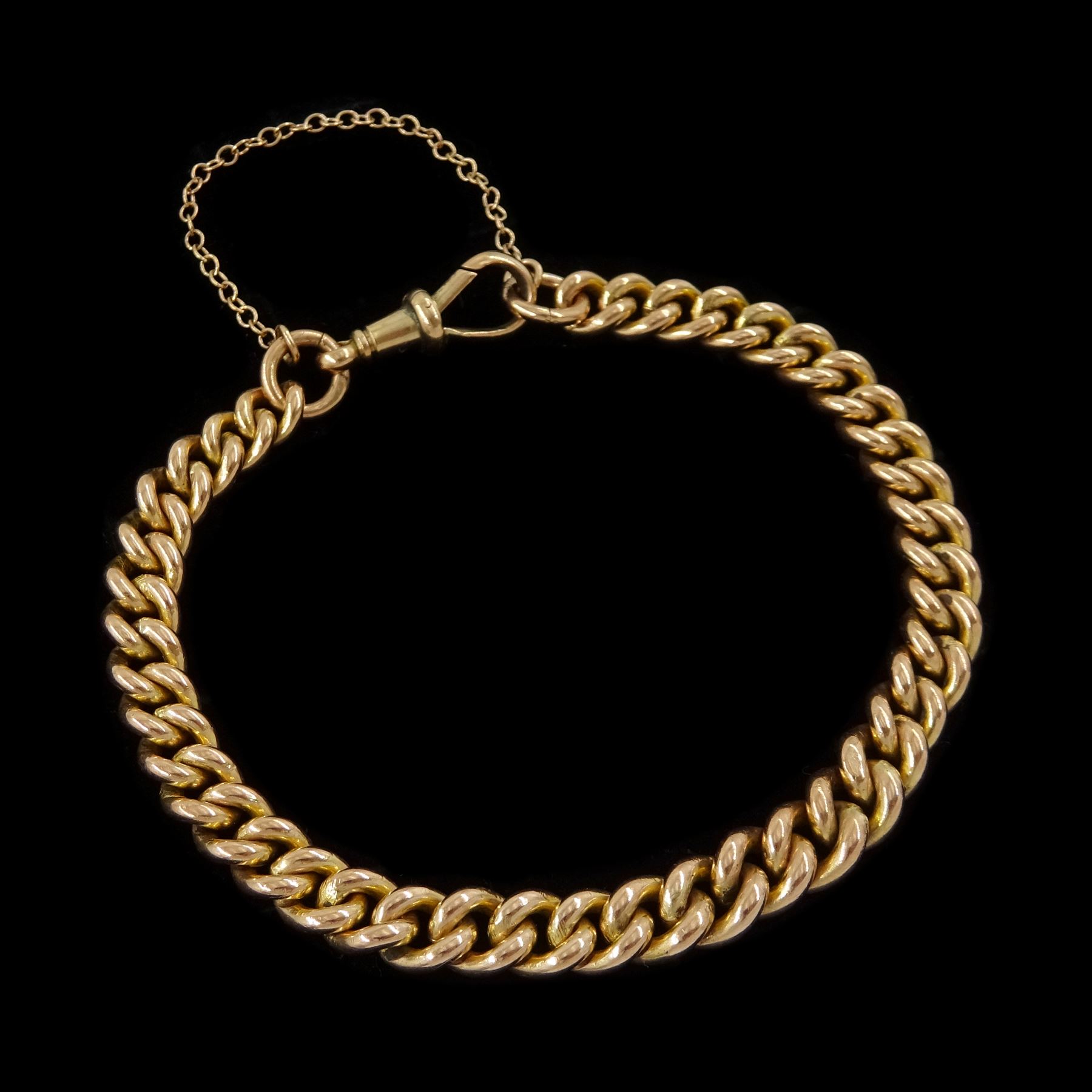 Edwardian 9ct rose gold, graduating curb link bracelet, with lobster clasp, each link stamped 9.375, Chester 1907