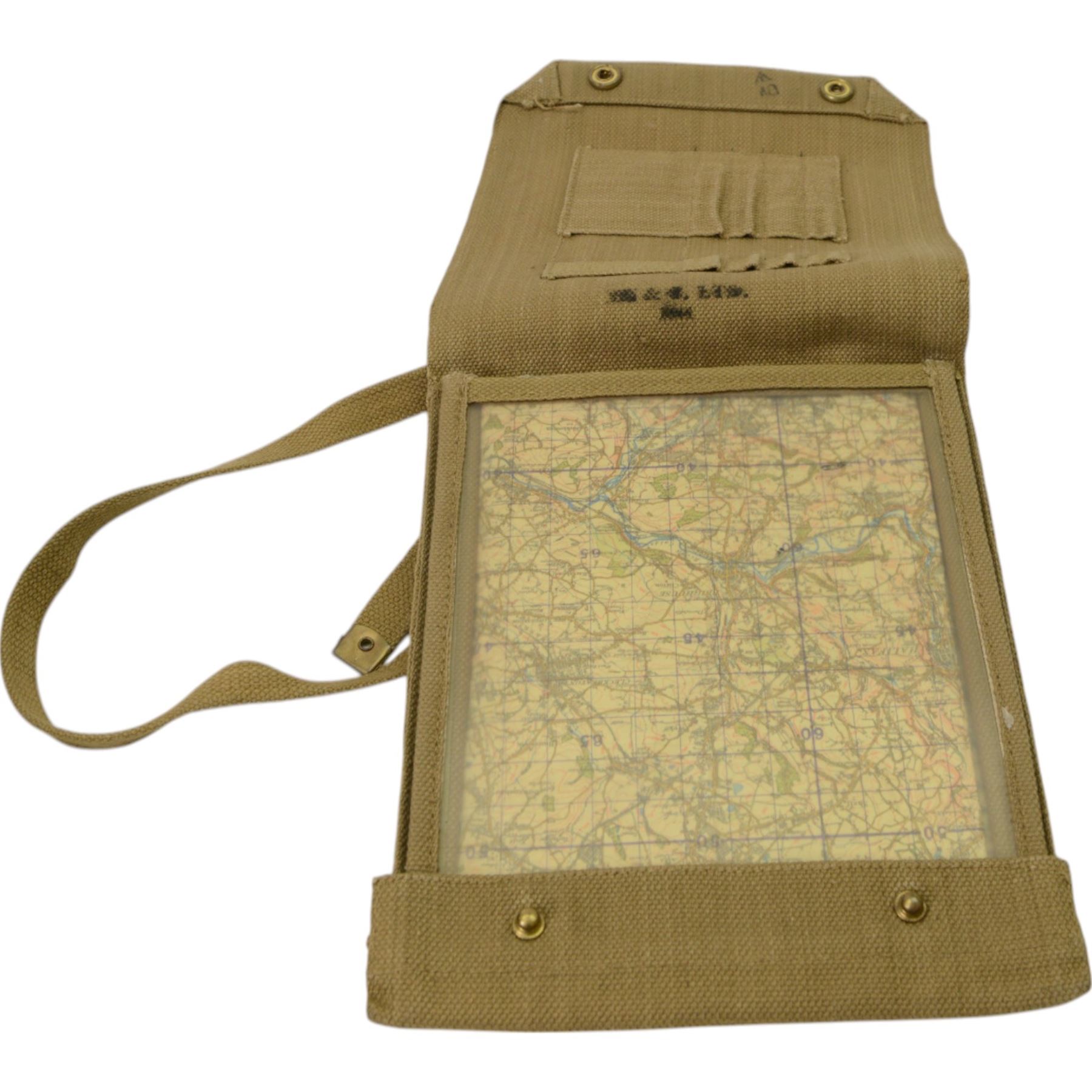 WWI British Army issue map board, stamped Houghton-Butcher, London 1915, fitted with compass, protractor and leather strap, together with two webbing map cases