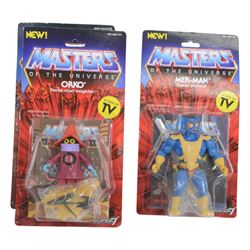 Thirteen Mattel Super7 reissue Masters of The Universe figures, comprising He-Man, Mat-At-Arms, Shadow Weaver, Hordak, Mer-Man, Prince Adam, Trap Jaw, Evil-Lyn, Orko, Skeletor, She-Ra, Beast Man and Teela, all carded