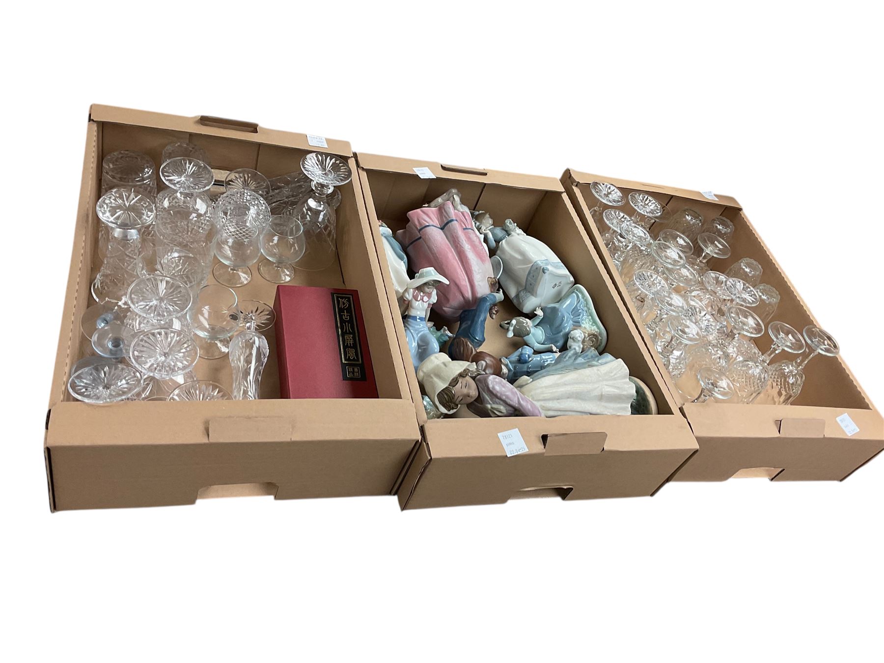 Collection of Nao figures, including two gres examples, together with two glasses, in three boxes 