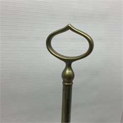 William H Honey polished brass adjustable student's oil lamp, with green glass shade, H60cm