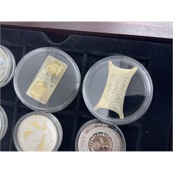 Single owner lifetime collection of mostly commemorative modern World coins with gold, silver and base metal examples, including two Queen Elizabeth II Bailiwick of Guernsey twenty-five pound gold coins 'The 1999 Royal Wedding' and '100th Anniversary of the End of the Victorian Era' 2001 each in 24 carat gold weighing 7.81 grams with certificates, silver coins commemorating the Millennium 2000 including Guyana sterling silver proof two-thousand dollars, Fiji sterling silver proof five dollars etc, silver coins from the Queen Elizabeth II Golden Jubilee Collection dated either 2002 or 2003 from Great Britain and the Commonwealth countries, United Kingdom commemorative crowns in card folders, The Royal Mint United Kingdom 1997 proof coin set in red folder without certificate etc