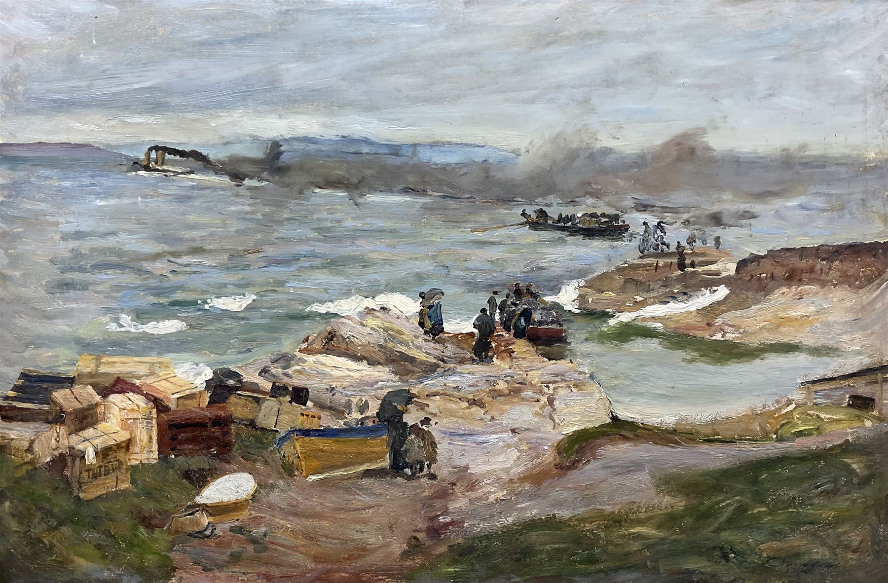 Scottish School (19th/20th century): The Emigrants, likely a view of the Highland Clearances, oil on canvas, possible remains of a signature l.r. 40cm x 60cm