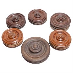 Collection of six Victorian and later mahogany double and triple whip reel holders, largest D15.5cm