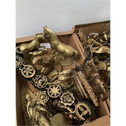 Quantity of brass figures of horses, horse brasses on leather straps and loose, and other brass and metalware etc in two boxes