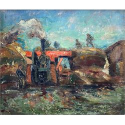 James Arundel (British 1875-1960): 'Threshing - Lincolnshire', oil on panel signed, titled and dated 1939 verso 59cm x 69cm
Provenance: exh. Wakefield City Art Gallery 'Seventeenth West Riding Artists Exhibition', labelled verso with artist's Bradford address