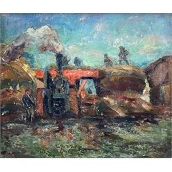 James Arundel (British 1875-1960): 'Threshing - Lincolnshire', oil on panel signed, titled and dated 1939 verso 59cm x 69cm
Provenance: exh. Wakefield City Art Gallery 'Seventeenth West Riding Artists Exhibition', labelled verso with artist's Bradford address