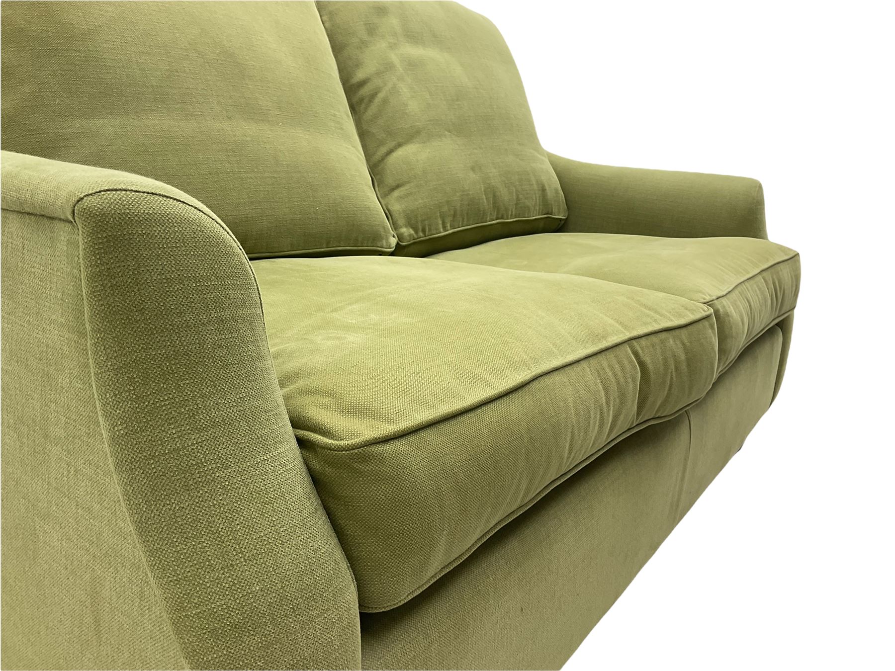 Wesley-Barrell two seat sofa and pair of matching armchairs, upholstered in sage linen fabric