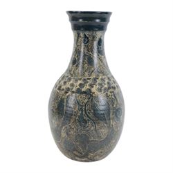 John Egerton (c1945-2024): studio pottery stoneware vase of baluster form, decorated with fish, mermaids and ammonites upon a blue ground, H56cm 