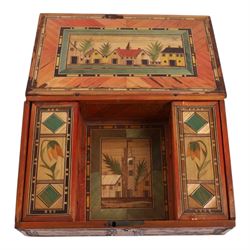 Napoleonic prisoner of war straw work box, the exterior with panels of buildings in geometric borders, the interior of the hinged lid opening to reveal two compartments with hinged covers decorated with flowers, H8cm, D16cm