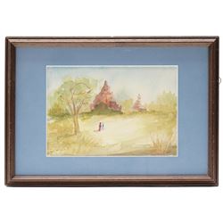 U Ba Thet (Burmese 1903-1972): Kaunghmudaw Pagoda and Burmese Buddhist monastery scene, pair of watercolours signed, 13.2cm x 19cm (2)