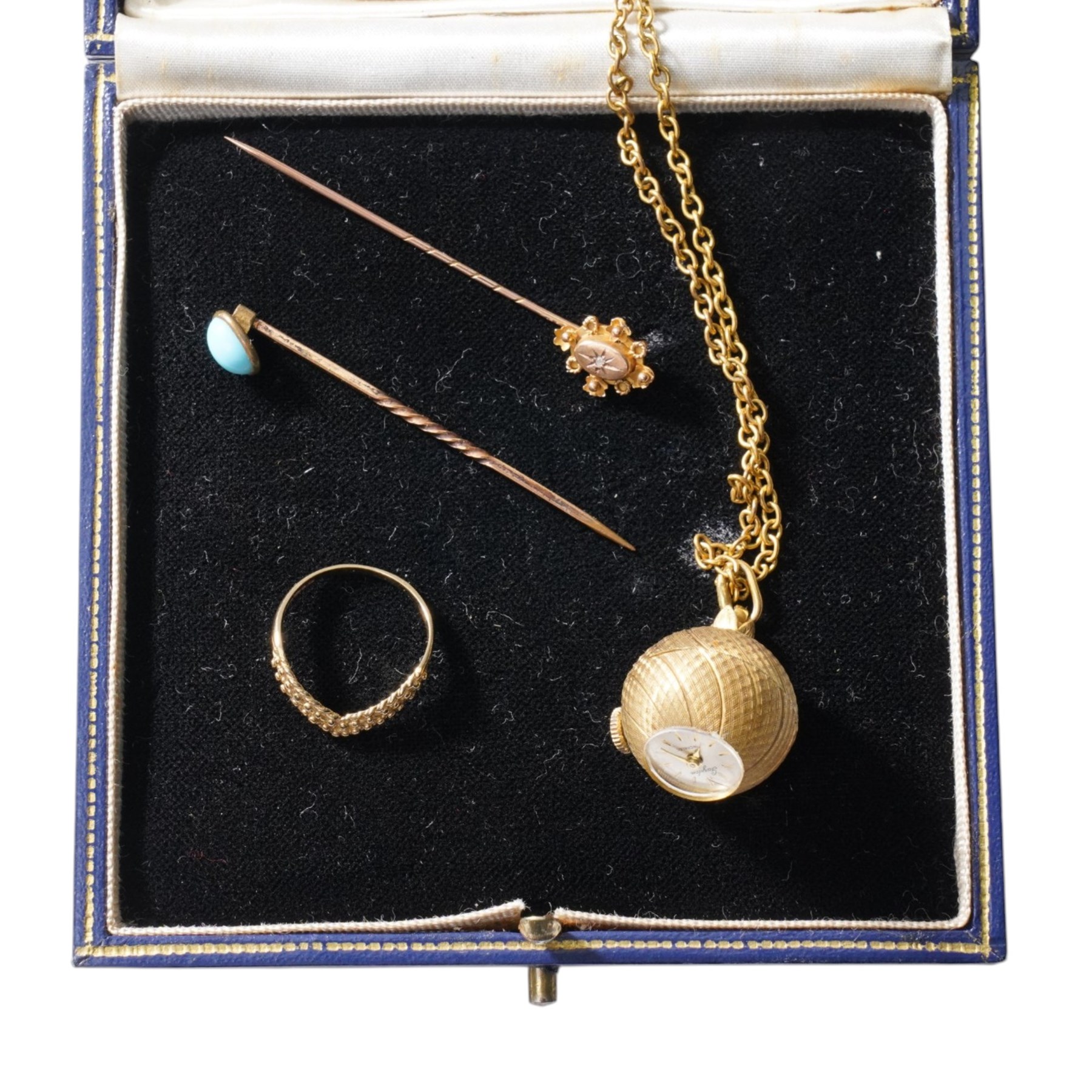 Gold wishbone ring and gold stick pin, both 9ct, pearl necklace with silver clasp, vulcanite brooch and other costume jewellery 
