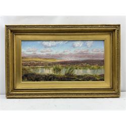 John Brett (British 1831-1902): 'Fylingdales Moor' looking towards Whitby, oil on canvas signed and dated 1890, 38cm x 76cm
Provenance: East Yorkshire private collection; exh. Royal Academy 1891 No.458; purchased by W.A. Pye Esq. in February 1891 for the sum of £100, then by descent through the Pye family; Sotheby's London 12th November 1992, Lot 132; Thomas Agnew & Sons Ltd. London (then listed as Treyarnon Bay) No.WA2457 (label verso) where purchased by J.E. Dayton; Sotheby's London 10th March 2005, Lot 217, where purchased by the vendor (at the same sale an oil sketch of the same scene was sold as Lot 218).
Literature: Birmingham Daily Post 30th May 1891; C. Payne & C. Brett: John Brett: Pre-Raphaelite Landscape Painter (Yale Univ. Press 2010) Cat no.1350, ill p 236
Notes: The painting has previously been erroneously listed as Treyarnon Bay; this is because the frame, made for the artist by Dolman & Son, previously contained 'Treyarnon Bay' of 1889, and a label previously affixed to the frame displayed this title.