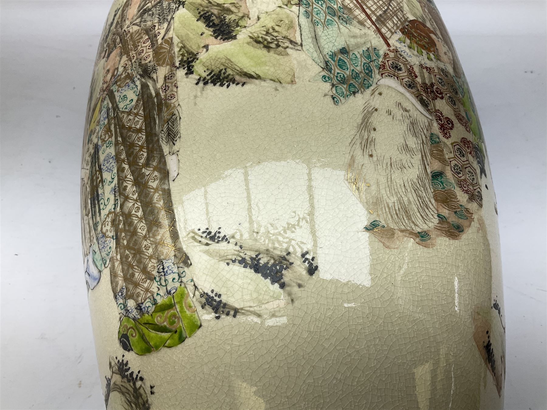 Pair early 20th Century Japanese floor vases of ovoid form, painted with warriors and elders within geometric designs and gilding, H61cm