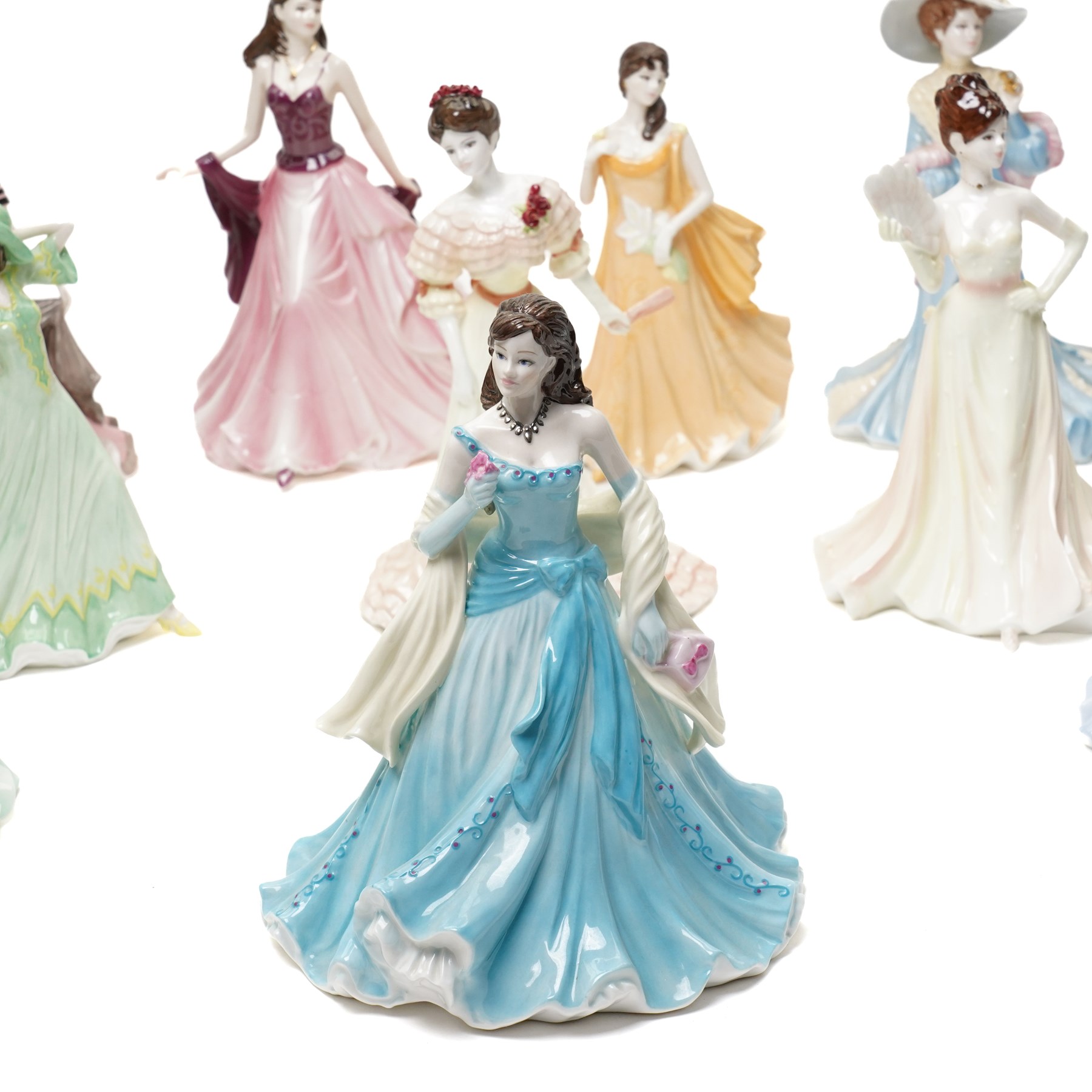 Twelve Coalport figures, comprising My Love, Happy Birthday 2006, Victoria, Coming of Age, Lady Sara, Red Rose of Lancashire, Thank You, Birthday Celebration, Evening Romance, With Love, Artisans Choice and Happiness, all boxed, one from an edition of 750 (12)