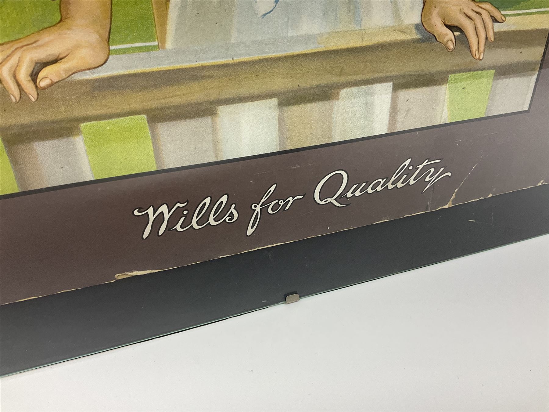 Wills Gold Flake Cigarettes advertising board, framed depicting a lady at the tennis, advert H51cm, L38cm