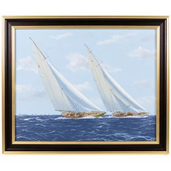 George Drury (British 1950-): 'Shamrock V and Enterprise - Americas Cup 1930', oil on canvas board signed, titled verso 38cm x 48cm