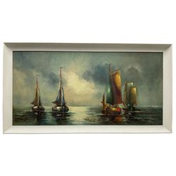 Neil Whitehand (British 20th century): 'Dacon' Ships in Calm Waters, oil on board signed, inscribed verso 49cm x 100cm