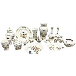 Aynsley cottage garden pattern wares, to include, large vase with a tulip neck, plate wall clock, basket of ceramic flowers, elephant ornament, owl trinket box, etc (18)