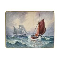 Royal Crown Derby rectangular plaque, depicting ships on a stormy sea, with a gilt boarder, painted by W.E.J. Dean, H12cm, L14.5cm
