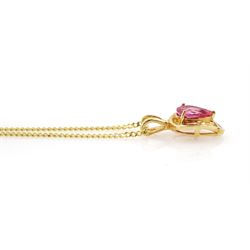18ct gold padparadscha sapphire and diamond pendant necklace, single pear cut sapphire of approx 1.15 carat, one side set with five round cut diamonds, on a flattened curb link chain necklace, both hallmarked