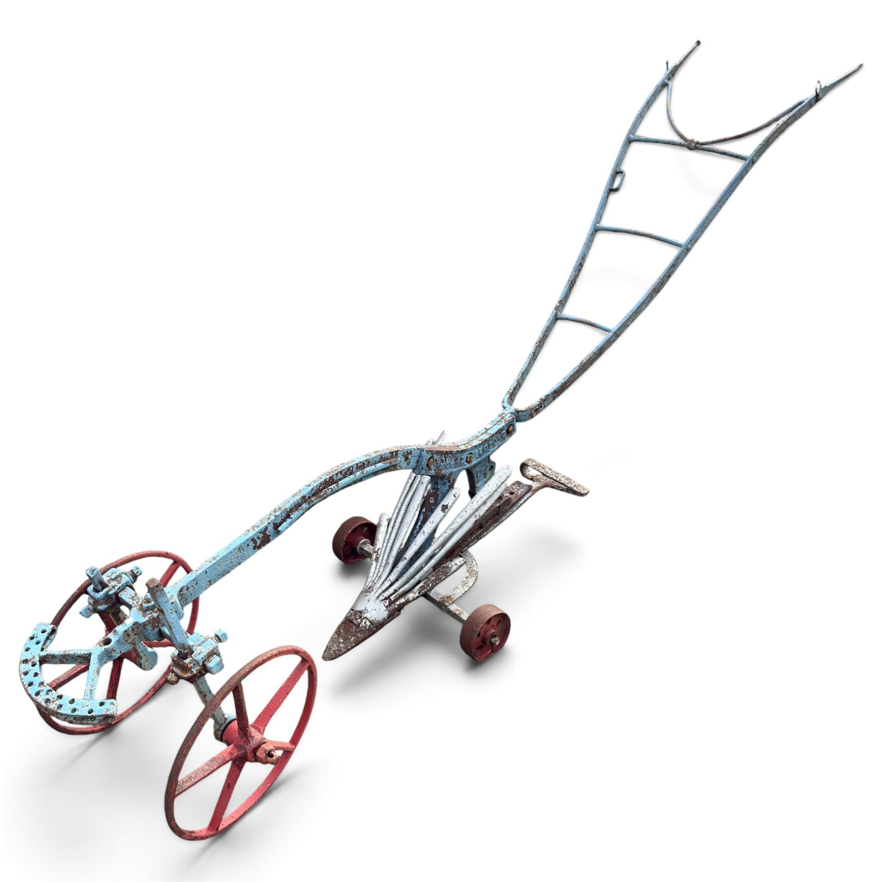 J. & F. Howard Ltd., Bedford - late 19th/early 20th century blue-painted cast iron horse-drawn potato ridger, with twin handles above a curved beam, adjustable ridging body and ploughshare, on red-painted five-spoke wheels, signed HOWARD BEDFORD