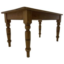 20th century traditional pine farmhouse kitchen table, rectangular top, fitted with single drawer, raised on tapering ring turned supports