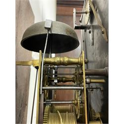 Henry Hindley of York – mid-18th century oak cased 8-day longcase clock,
flat topped caddy pediment with gesso finials, rectangular hood door flanked by wooden turned pilasters with capitals, canted trunk with a full-length break arch topped door on a short plinth with applied skirting and bracket feet, brass dial with a silvered chapter ring, Roman numerals and five-minute Arabic’s, minute and inner quarter hour tracks, matted dial centre with subsidiary seconds dial, blued steel hands and female head pattern spandrels, silvered calendar dial to the break arch with dolphin spandrels, four pillar rack striking movement, striking the hours on a bell. With weights and pendulum. 
H250 W48 D27
Henry Hindley originally from Wigan (Lancs) is recorded as working in York from Petergate 1731-41 then Stonegate 1741-1771. A famous and highly innovative maker, often referred to as the “Tompion of the North.” 
